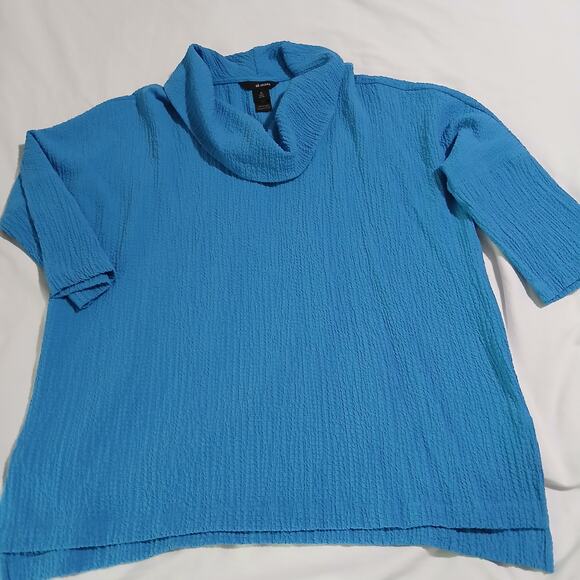 Ali Miles Medium Aqua Raglan-Long-Sleeved Crinkle Fabric Cowl-Neck Slit-Hem Top - Picture 4 of 11